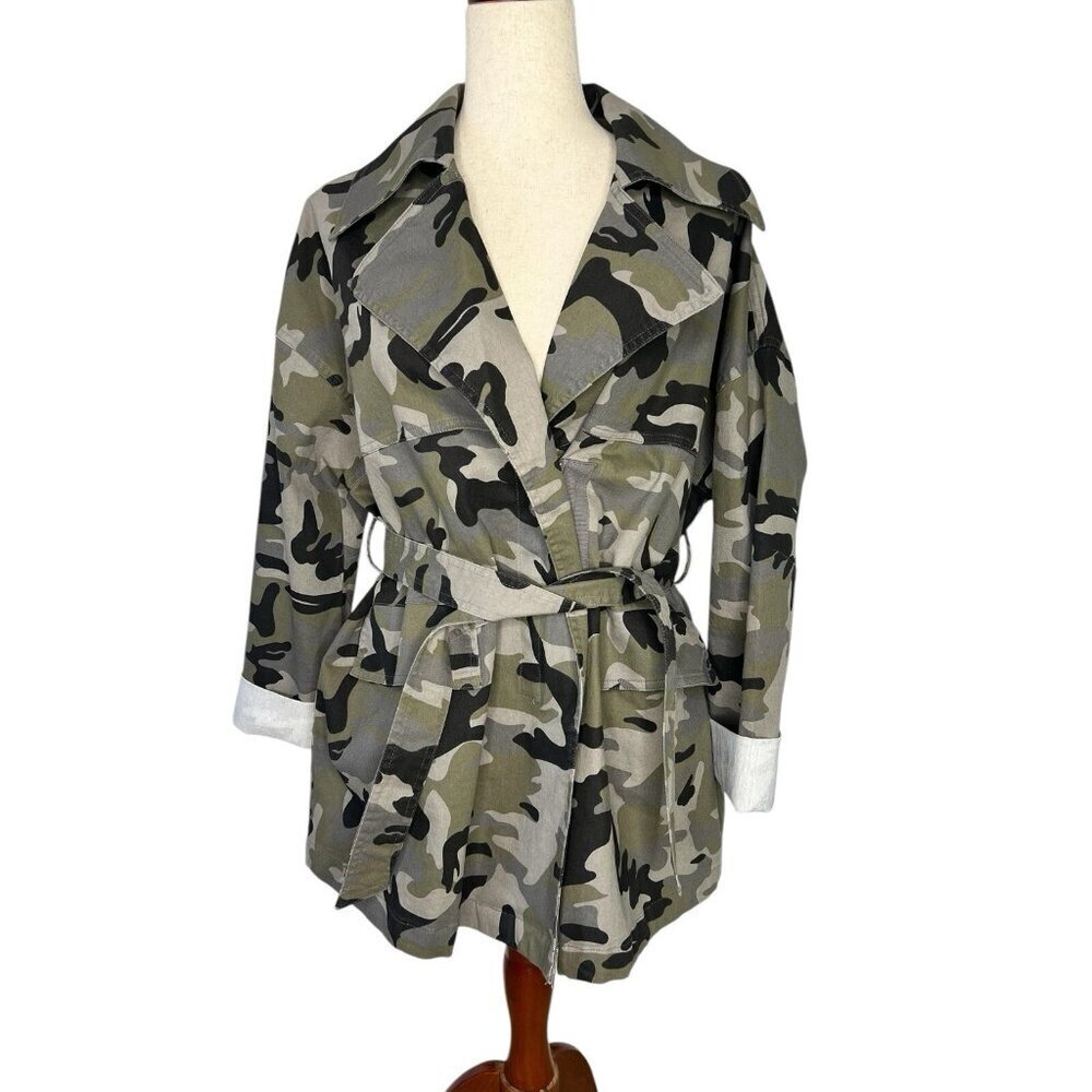 UMGEE USA Jacket Womens Medium Oversized Camo Utility Tie Long Sleeve Green Gray